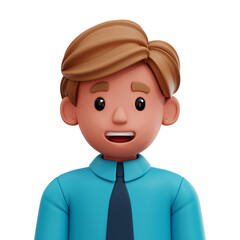 3D illustration of a generic office employee in blue uniform and neat haircut. Isolated cartoon style avatar.