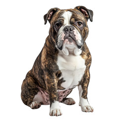 Fototapeta premium Portrait of Brindle English Bulldog Sitting Attentively on Isolated Background