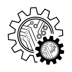 mechanical gear with digital circuit board symbol in black and white