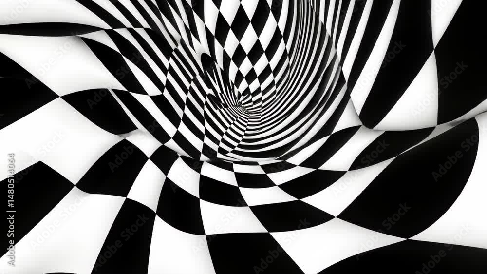 Poster abstract black and white checkered pattern with optical illusion and flowing shapes
