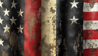 Weathered American flag, showing a worn and rusty appearance with faded stripes and stars.  Visible texture of the fabric