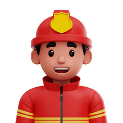 3D cartoon-style avatar of a male firefighter in red uniform and helmet. Heroic and approachable.