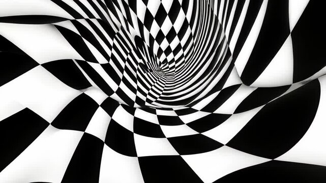 abstract black and white checkered pattern with optical illusion and flowing shapes