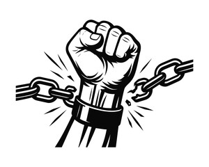 Fist raised breaking the chain, Vector illustration of Freedom.