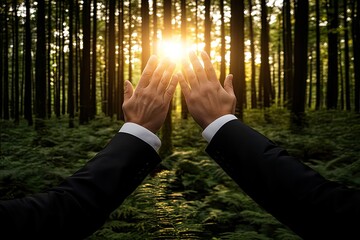 Hands raised in a forest, sunlight beaming through the trees.  A symbolic image of hope and positivity, perhaps highlighting nature conservation or environmentalism
