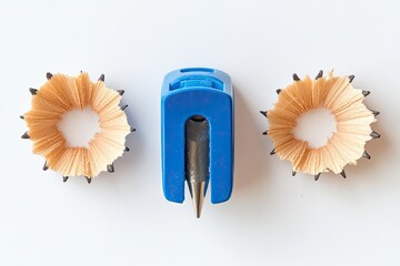 Pencil shavings and a sharpener,  arranged symmetrically on a white surface.  The shavings form circular patterns around the sharpener