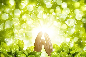 Hands raised in prayer, surrounded by vibrant green foliage and radiant light