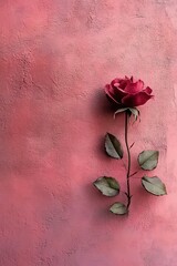 A single red rose against a textured pink background