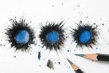 Three graphite pencil holes, vibrant blue inside, radiating dark grey debris on a white background