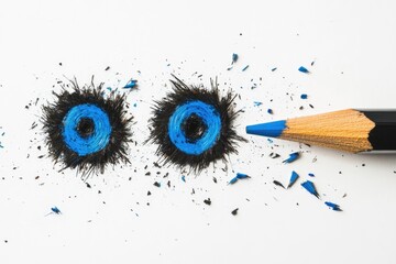 Two vibrant blue circles, remnants of a broken pencil, on a white surface.  A sharpened pencil tip points towards them