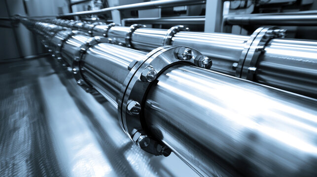 Gleaming industrial pipes stretch into the distance, reflecting cool blue light