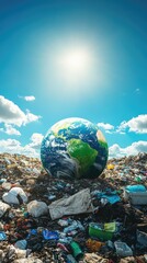 Earth globe in a landfill of plastic waste and garbage against the sun and blue sky. Environmental pollution ecology concept