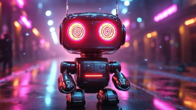 Cyberpunk City Bot: A futuristic, small robot with glowing red eyes stands on a neon-lit city street, rain reflecting on the wet pavement. The image evokes a cyberpunk aesthetic.