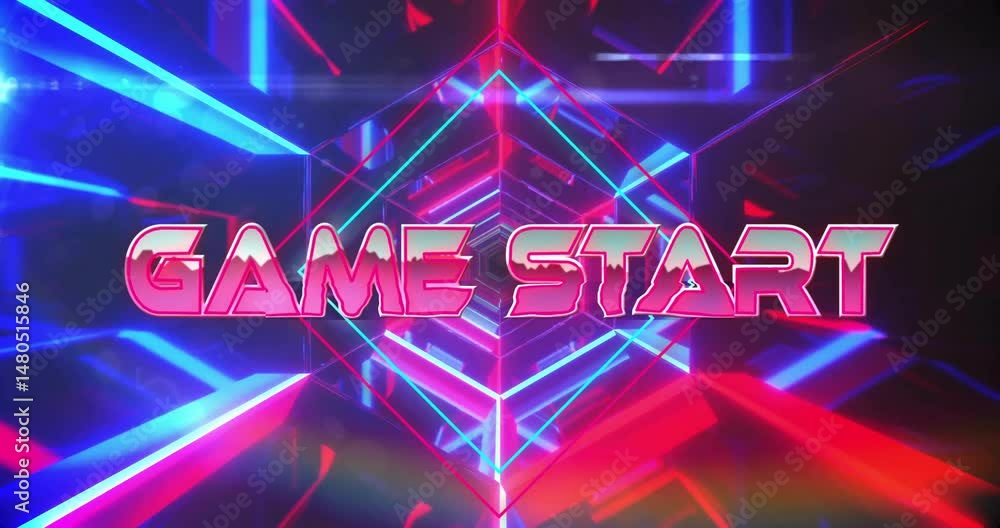 Aufkleber game start text floating in cyberpunk tunnel, featuring wireframe shapes and glowing beams