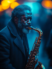 Elderly jazz musician with a soulful expression playing the saxophone on a city street, surrounded by moody, colorful lights, capturing the spirit of live music.  
