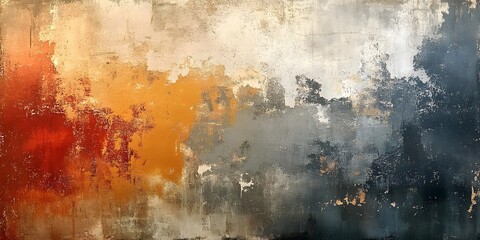 An abstract painted with blended colors of fiery red, rich orange, and serene blues, evoking a sense of movement and depth, with a unique texture.