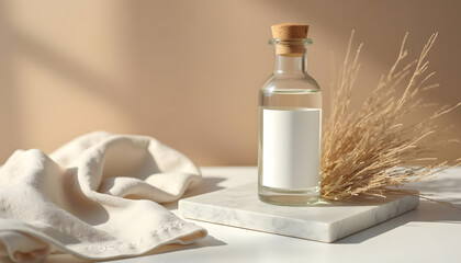 Elegant Bottle Mockup with Beige Background and Dried Flowers