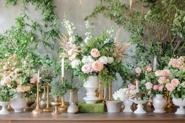 Elegant floral arrangement with candles and greenery on a rustic wooden table against a textured wall