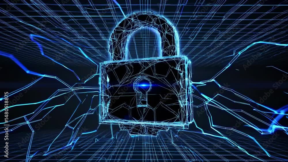 Poster cybersecurity network visualization: rotating digital padlock glowing with blue lines representing d