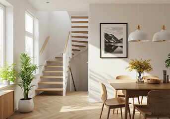 Bright interior features dining table, staircase, and mountain artwork