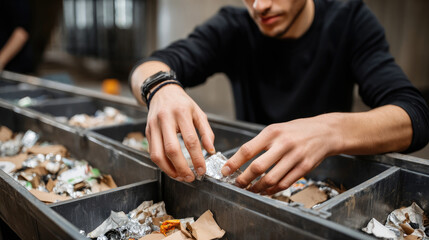 Worker sorting recyclables on a conveyor belt; cardboard and metal