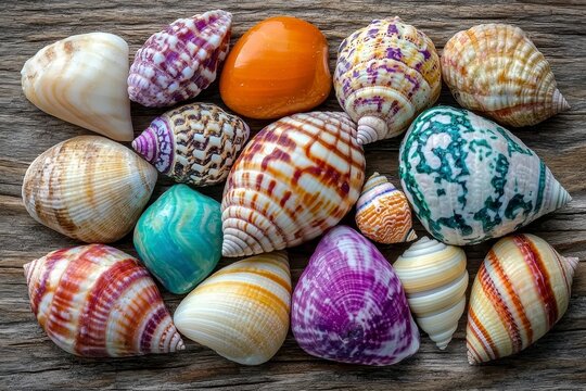 Colorful Seashell Collection on Weathered Wood