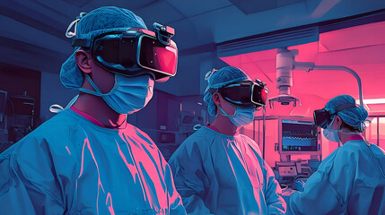 Surgeons in vr headsets working in a surgical suite.
