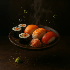 Cinematic Gourmet Plate of Sushi in Mid-Air – Moody Food Photography with Flying Ingredients