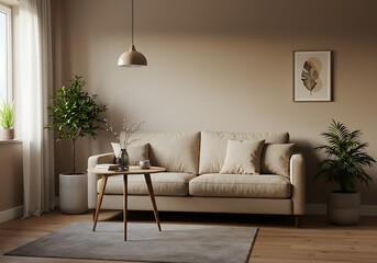 Beige sofa with plants and coffee table in a neutral living room interior