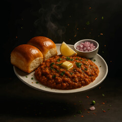 Cinematic Pav Bhaji in Mid-Air – Moody Food Photography with Flying Ingredients
