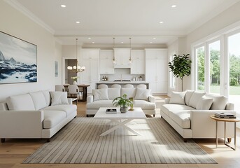 Bright living room with white sofas, rug, and open kitchen in a modern home
