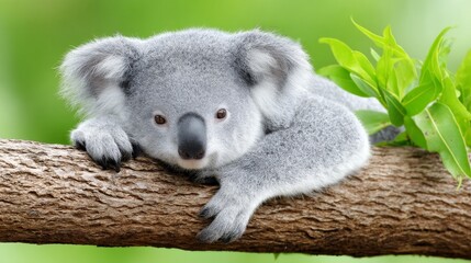 Fototapeta premium Adorable Koala on a Branch - A cute koala bear rests on a tree branch, surrounded by lush green foliage. Perfect for nature, wildlife, or animal lover themes