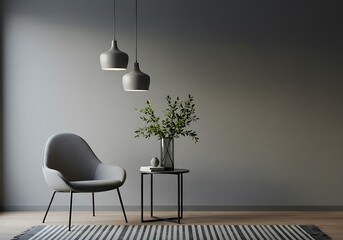 Minimalist interior with gray chair, side table, vase and pendant lights