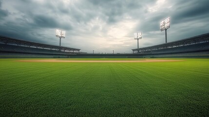 Empty Baseball Stadium with Overcast Sky