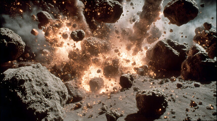 Explodierende Asteroiden im All mit fliegenden Trümmern 