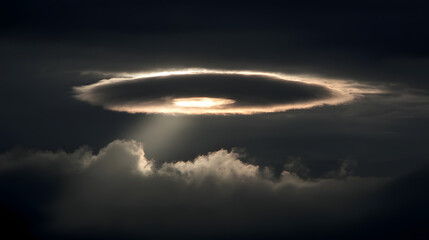 Rundes Wolkenloch mit Lichtstrahl am dunklen Himmel
