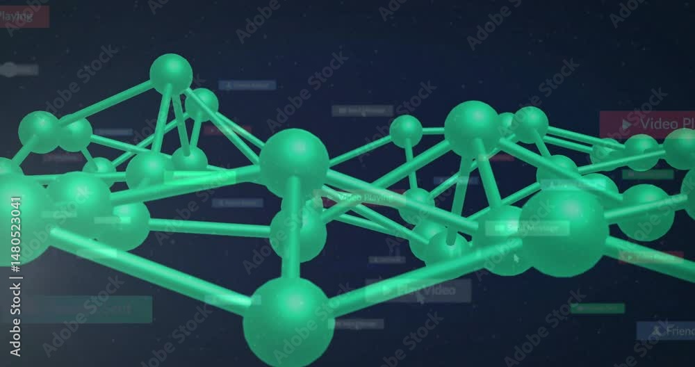 Poster green 3d network structure floating over navy backdrop, displaying translucent ui labels and icons