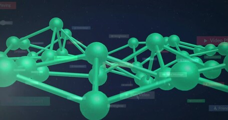 Green 3D network structure floating over navy backdrop, displaying translucent UI labels and icons