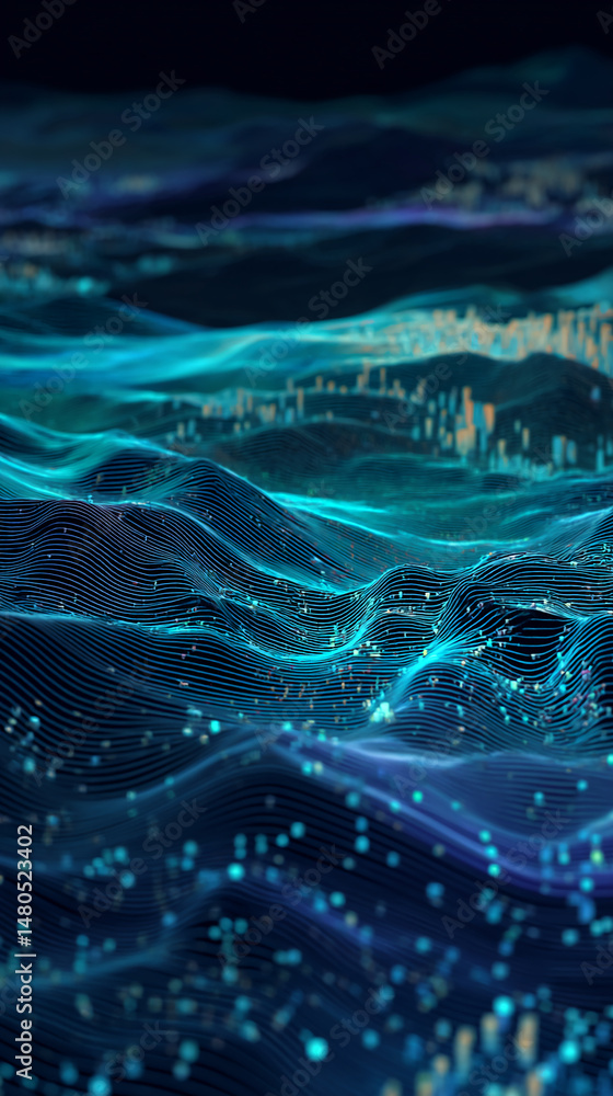 Aufkleber abstract teal wave texture with glowing particles, suggesting digital landscape or data visualizatio