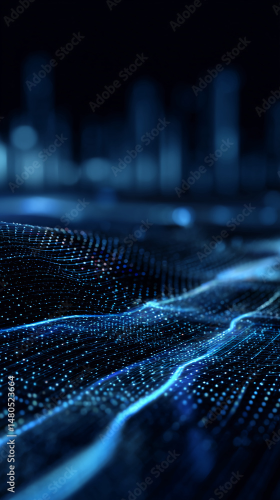 Poster abstract blue digital wave texture with glowing particles, creating a dynamic and futuristic feel, s