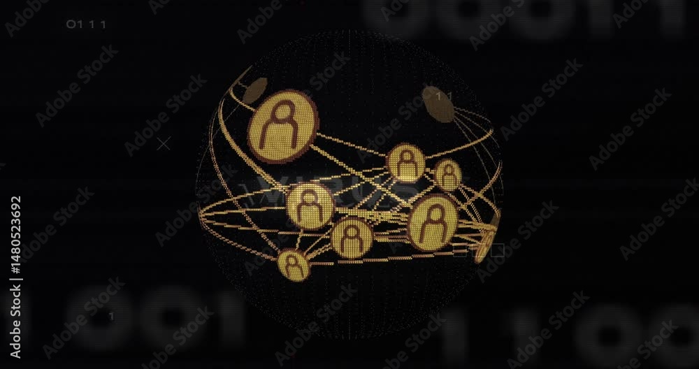 Poster central digital globe rotating in dark network scene, showing user icons connected by glowing lines