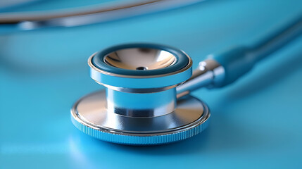 Close-up view of a medical stethoscope on a blue surface.