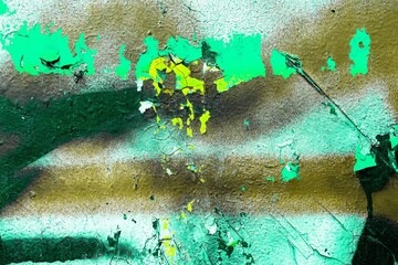 Grunge textured abstract mix of neon green, yellow on brown surface. 80s retro style, vibrant colors, cracked paint effect. Background, texture, digital art, creative banner, 80s visuals.