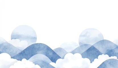 Gentle, stylized landscape of soft blue mountains and clouds against a white background, featuring large, round, light-toned circles