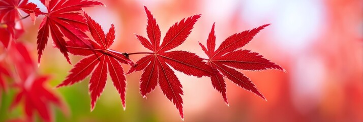 Autumn Maple Leaves Branch - Vibrant red maple leaves on a branch, symbolizing autumn, nature, beauty, tranquility, and change