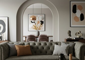 Living room interior with grey sofa and dining area through archway