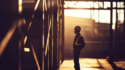 Construction worker assessing a building interior with morning sunlight