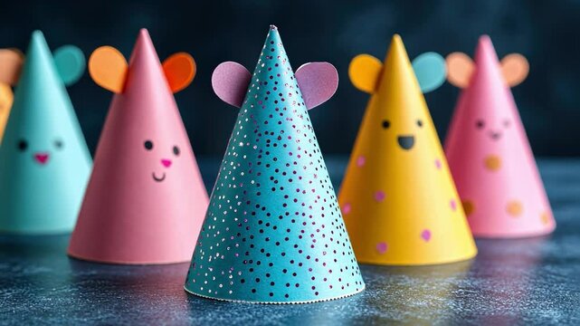 Party Hats with Mouse Ears: A cheerful collection of festive party hats featuring cute mouse ears and whimsical designs, adding a touch of playful charm to any celebration.
