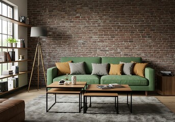 Green sofa with pillows and coffee tables against a brick wall in living room