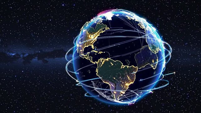 Advanced digital visualization showing planet earth spinning in deep space, revealing global network connections linking cities and continents with intricate data pathways